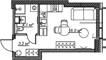 Планировка — Веер, Студия, 23 м²