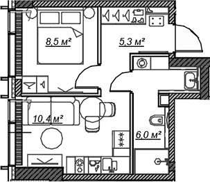 Планировка — Веер, 2-комн., 30 м²