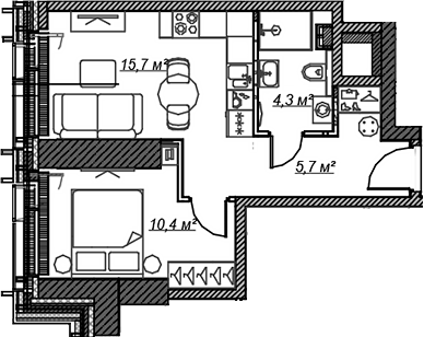 Планировка — Веер, 2-комн., 36 м²