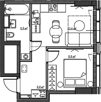 Планировка — Веер, 2-комн., 35 м²
