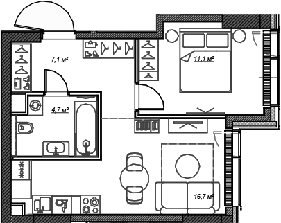 Планировка — Веер, 2-комн., 40 м²