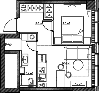 Планировка — Веер, 2-комн., 32 м²
