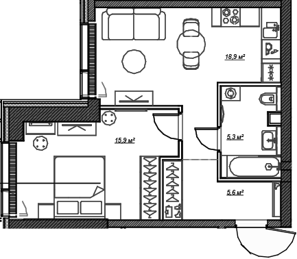 Планировка — Веер, 2-комн., 46 м²