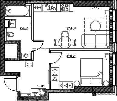 Планировка — Веер, 1-комн., 43 м²