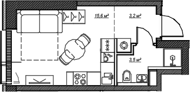 Планировка — Веер, Студия, 22 м²