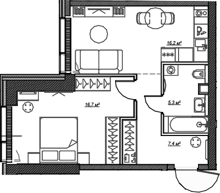 Планировка — Веер, 1-комн., 46 м²