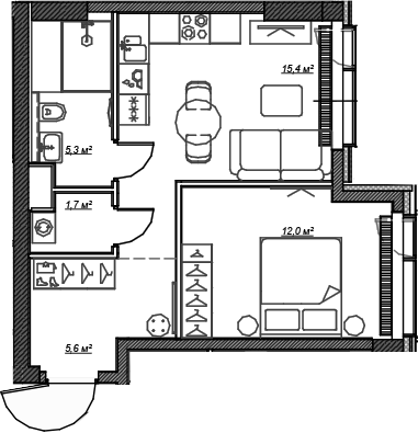 Планировка — Веер, 1-комн., 40 м²
