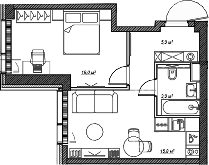 Планировка — Веер, 1-комн., 42 м²