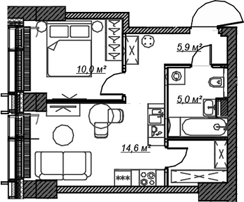 Планировка — Веер, 2-комн., 39 м²