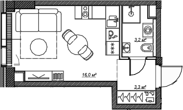 Планировка — Веер, Студия, 23 м²