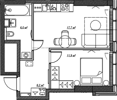 Планировка — Веер, 1-комн., 42 м²