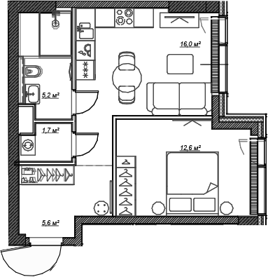 Планировка — Веер, 1-комн., 41 м²