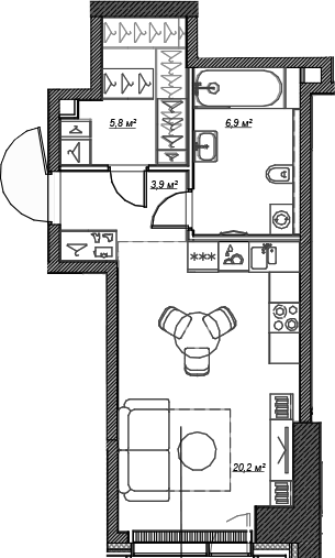 Планировка — Веер, Студия, 37 м²