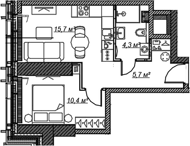 Планировка — Веер, 2-комн., 36 м²