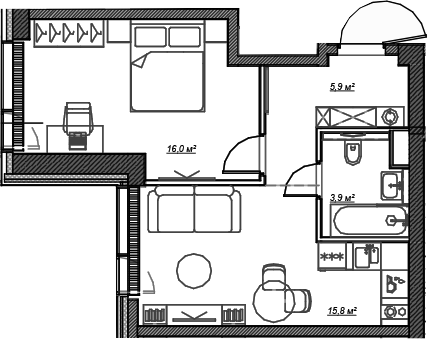 Планировка — Веер, 1-комн., 42 м²
