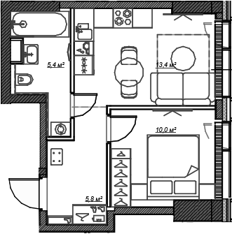 Планировка — Веер, 1-комн., 35 м²