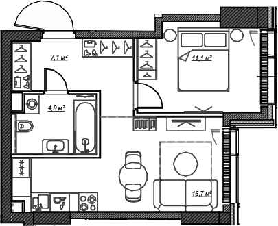 Планировка — Веер, 1-комн., 40 м²