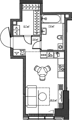 Планировка — Веер, Студия, 37 м²