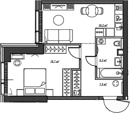 Планировка — Веер, 1-комн., 46 м²
