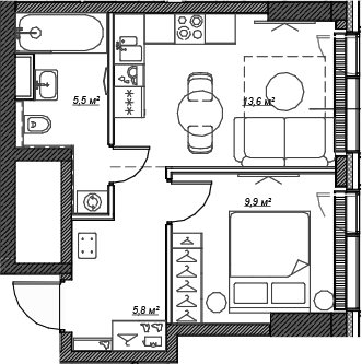 Планировка — Веер, 2-комн., 35 м²