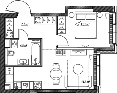 Планировка — Веер, 2-комн., 40 м²