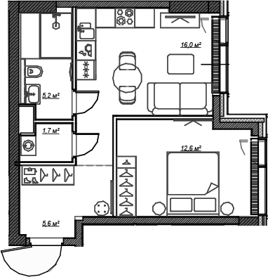 Планировка — Веер, 1-комн., 41 м²