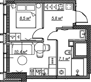 Планировка — Веер, 2-комн., 32 м²