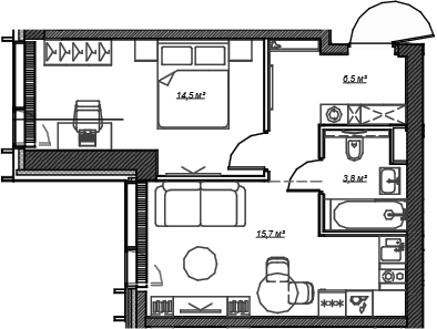 Планировка — Веер, 2-комн., 41 м²