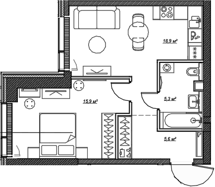 Планировка — Веер, 2-комн., 46 м²