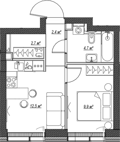 Планировка — Веер, 2-комн., 32 м²