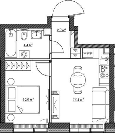 Планировка — Веер, 2-комн., 32 м²