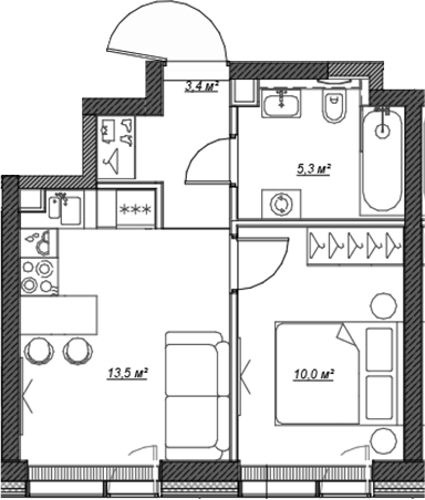 Планировка — Веер, 2-комн., 32 м²