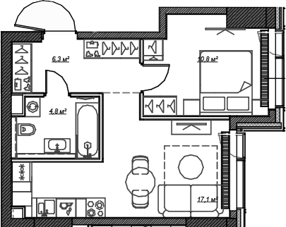 Планировка — Веер, 2-комн., 39 м²