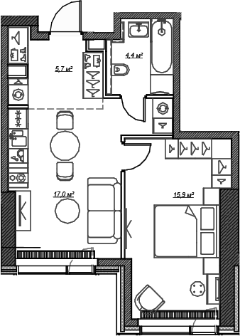 Планировка — Веер, 2-комн., 43 м²