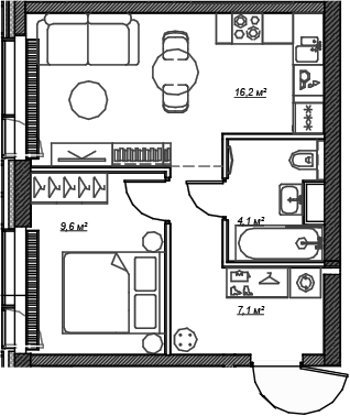 Планировка — Веер, 2-комн., 37 м²