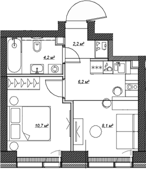 Планировка — Веер, 2-комн., 32 м²