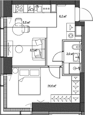 Планировка — Веер, 2-комн., 37 м²