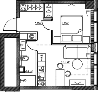 Планировка — Веер, 2-комн., 31 м²