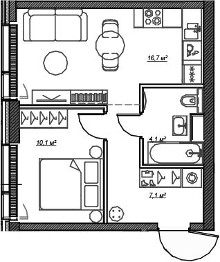 Планировка — Веер, 2-комн., 38 м²