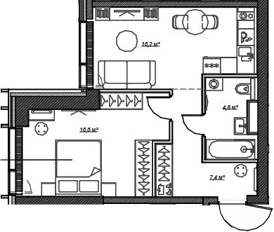 Планировка — Веер, 1-комн., 45 м²