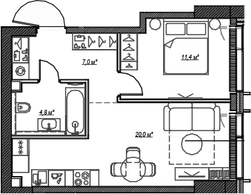 Планировка — Веер, 2-комн., 43 м²