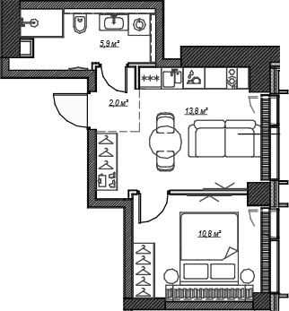 Планировка — Веер, 2-комн., 33 м²