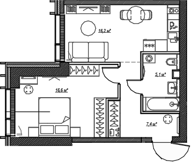 Планировка — Веер, 1-комн., 45 м²