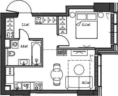 Планировка — Веер, 1-комн., 40 м²