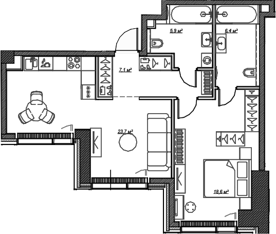 Планировка — Веер, 1-комн., 62 м²