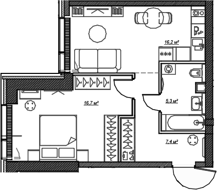 Планировка — Веер, 1-комн., 46 м²