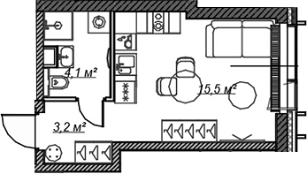 Планировка — Веер, Студия, 23 м²
