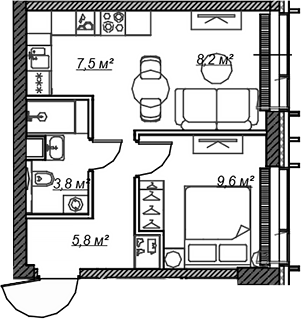 Планировка — Веер, 2-комн., 35 м²