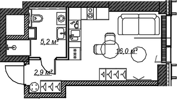 Планировка — Веер, Студия, 24 м²