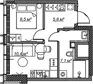 Планировка — Веер, 2-комн., 32 м²